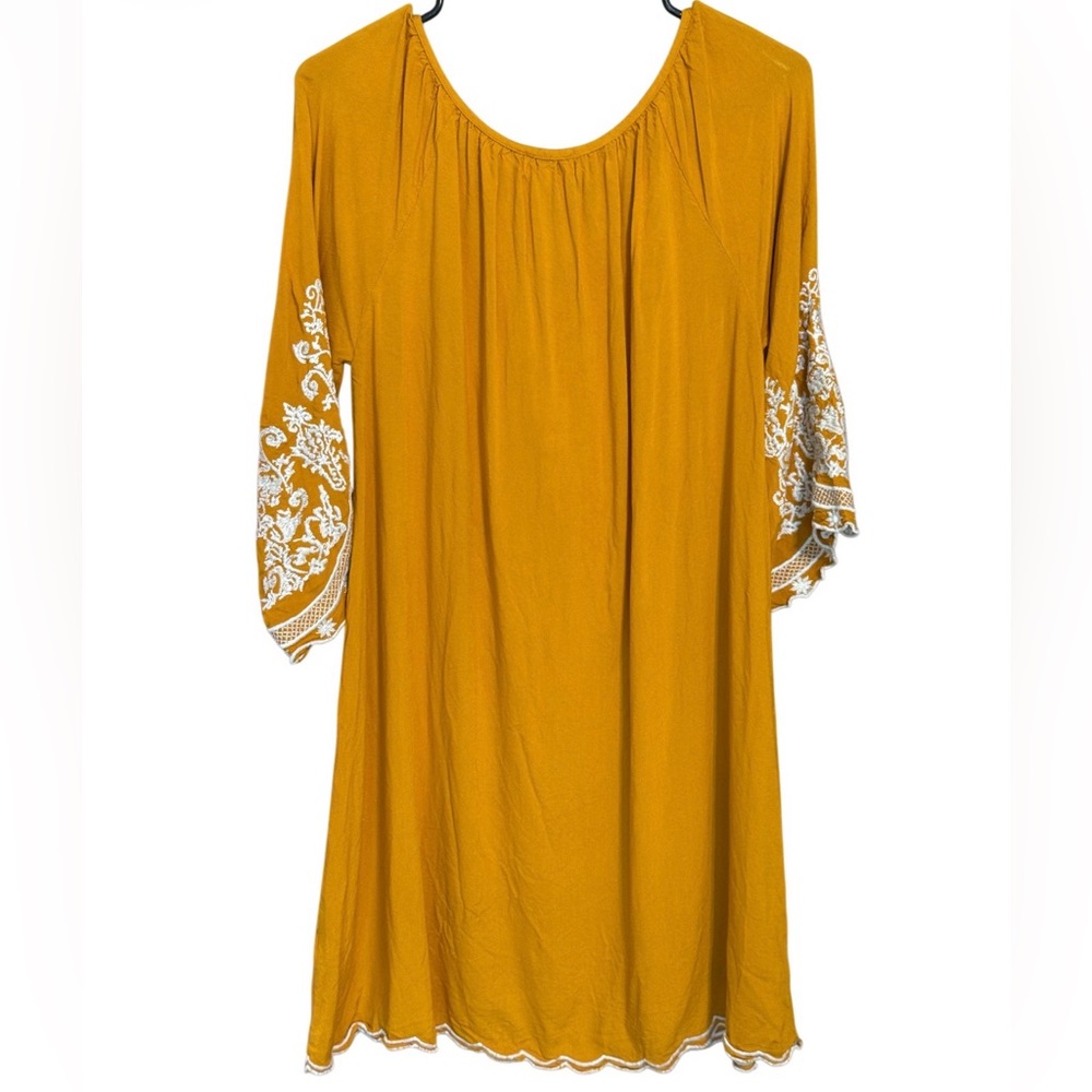 Chic Connection California Boho Embroidered Dress Top M Mustard Lace Peasant - Picture 3 of 4